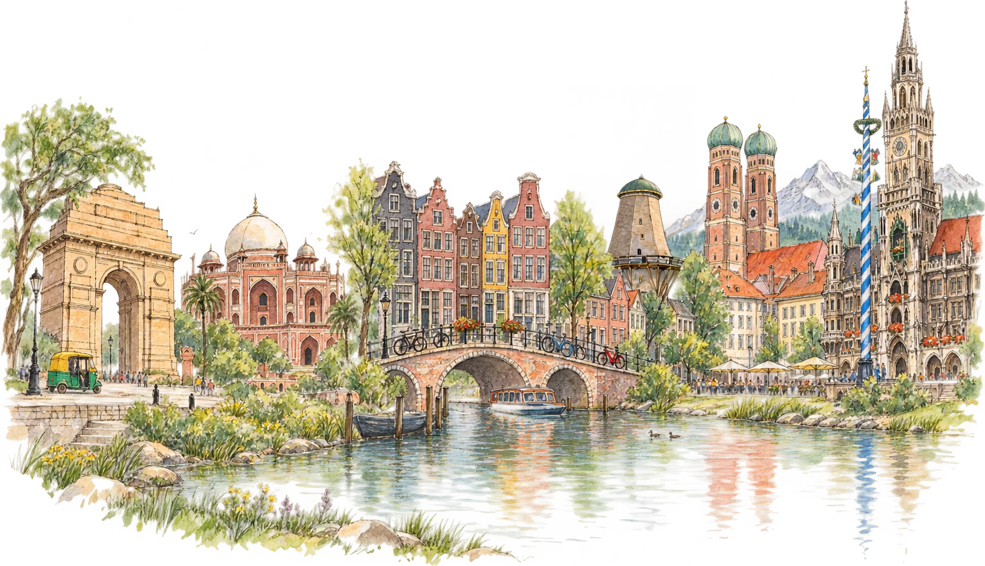 India Gate and New Delhi, the canals of Amsterdam, and the Frauenkirche in Munich, drawn as one skyline.