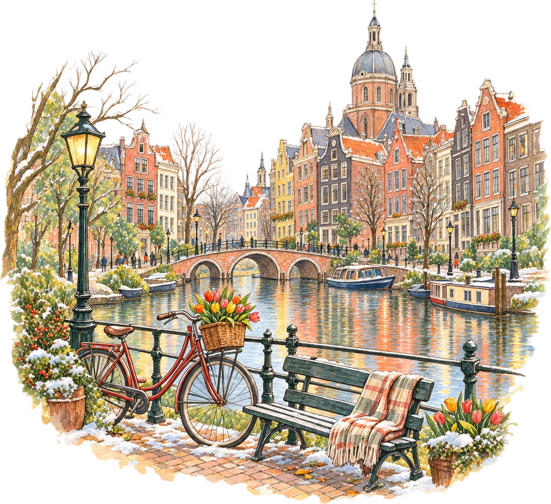Canal houses in Amsterdam and a bicycle with a basket of tulips.