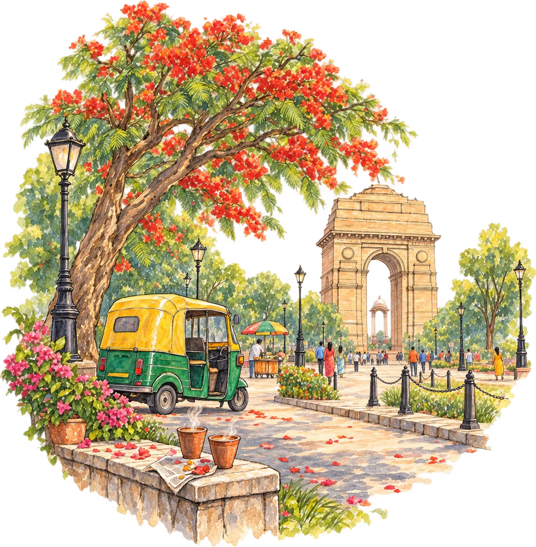 India Gate in New Delhi, an auto-rickshaw, and two cups of chai.