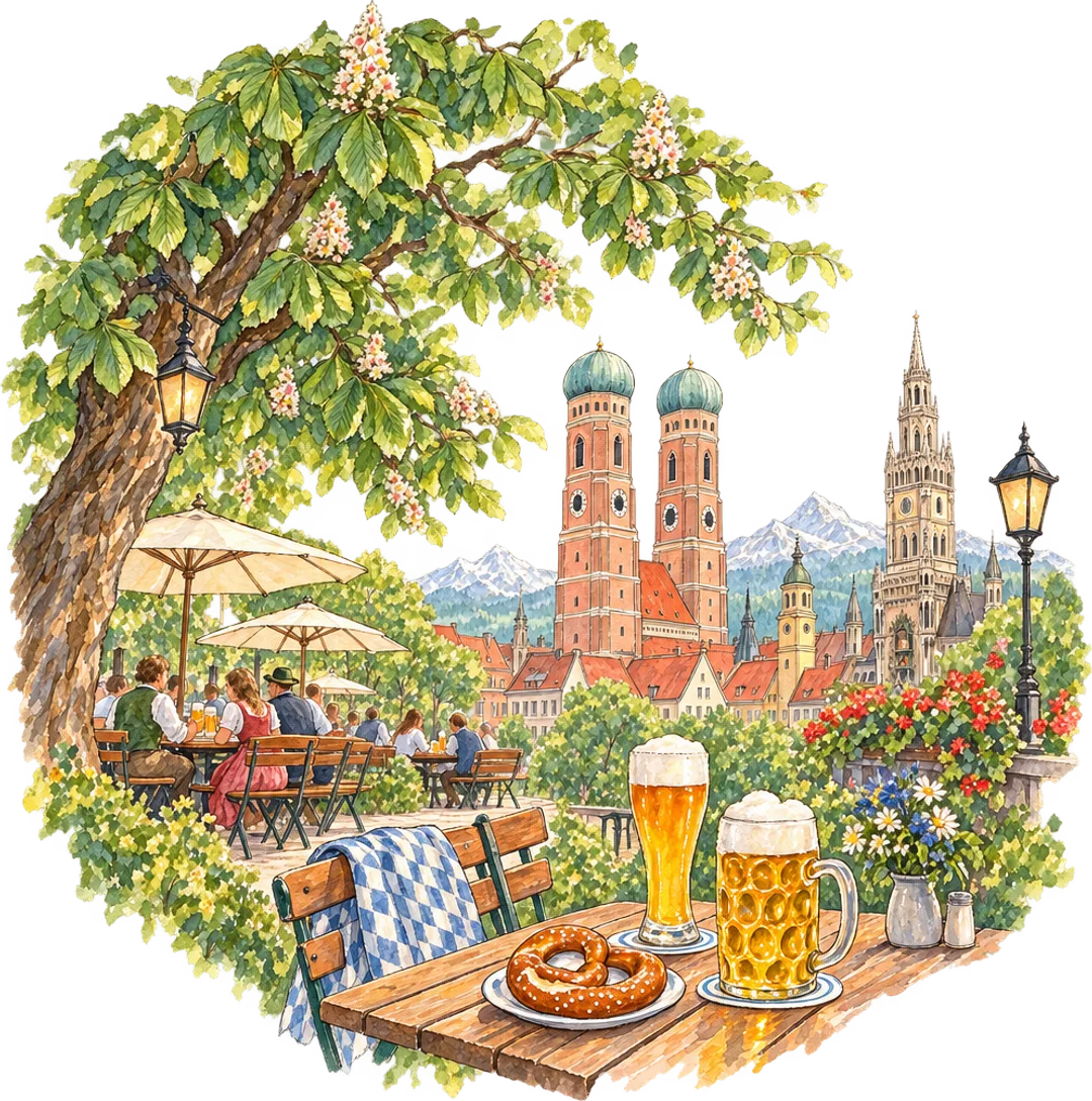 The Frauenkirche in Munich behind a beer garden under chestnut trees.